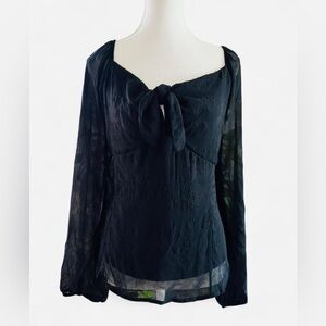 Papermoon Black Tie Front Blouse | Sheer Sleeves | Smocked Back | Size M